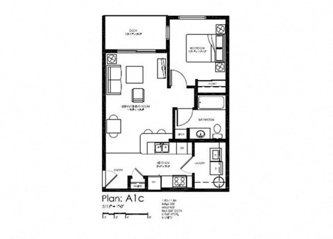 Floor plan for 1 bed, 1 bath, 647 sqft